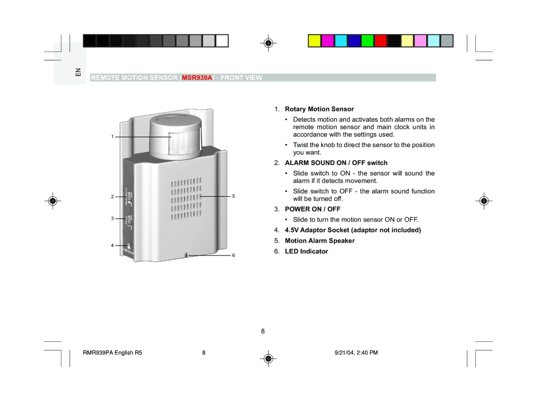 Oregon Scientific user manual Remote Motion Sensor MSR939A Front View, Rotary Motion Sensor, Alarm Sound on / OFF switch 