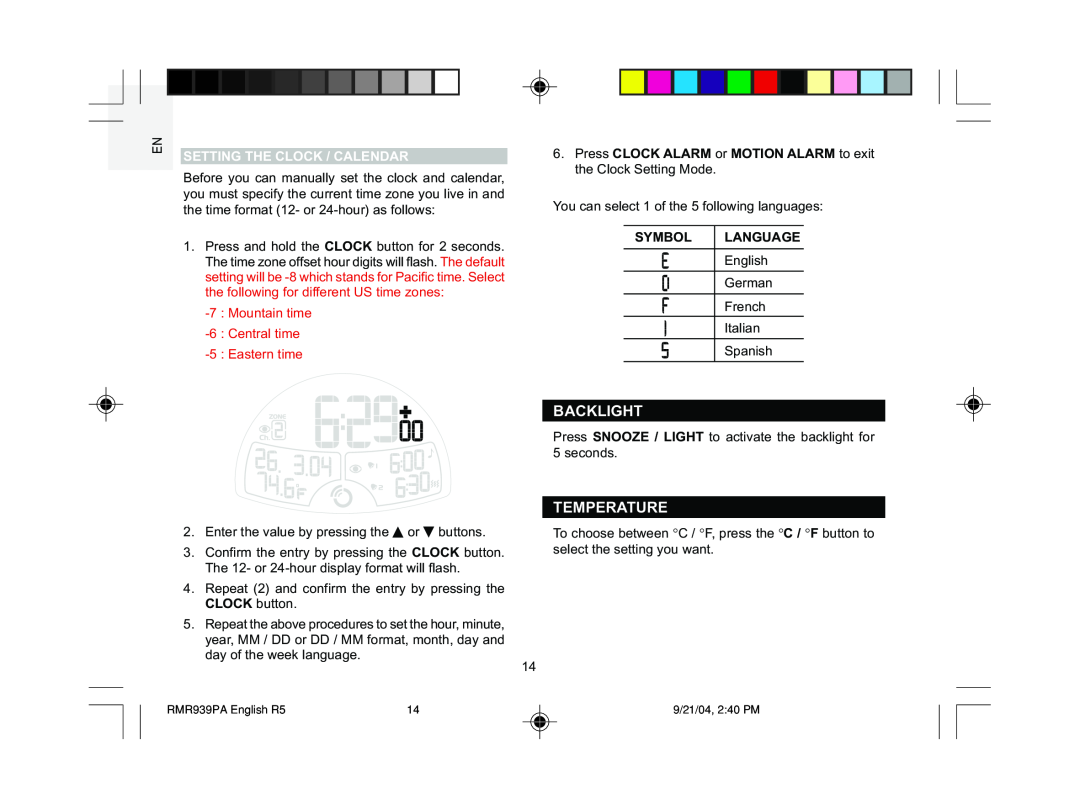 Oregon Scientific MSR939A user manual Backlight, Temperature, Setting The Clock / Calendar, Symbol, Language 
