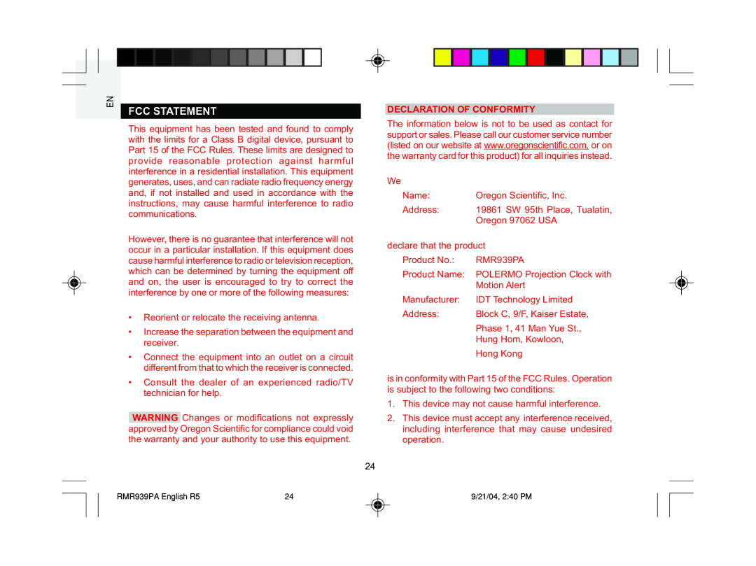 Oregon Scientific MSR939A user manual Fcc Statement, Declaration Of Conformity 