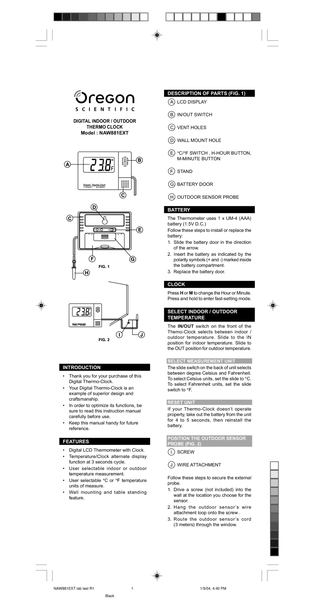 Oregon Scientific NAW881EXT instruction manual Introduction, Features, Description of Parts FIG, Battery, Clock 