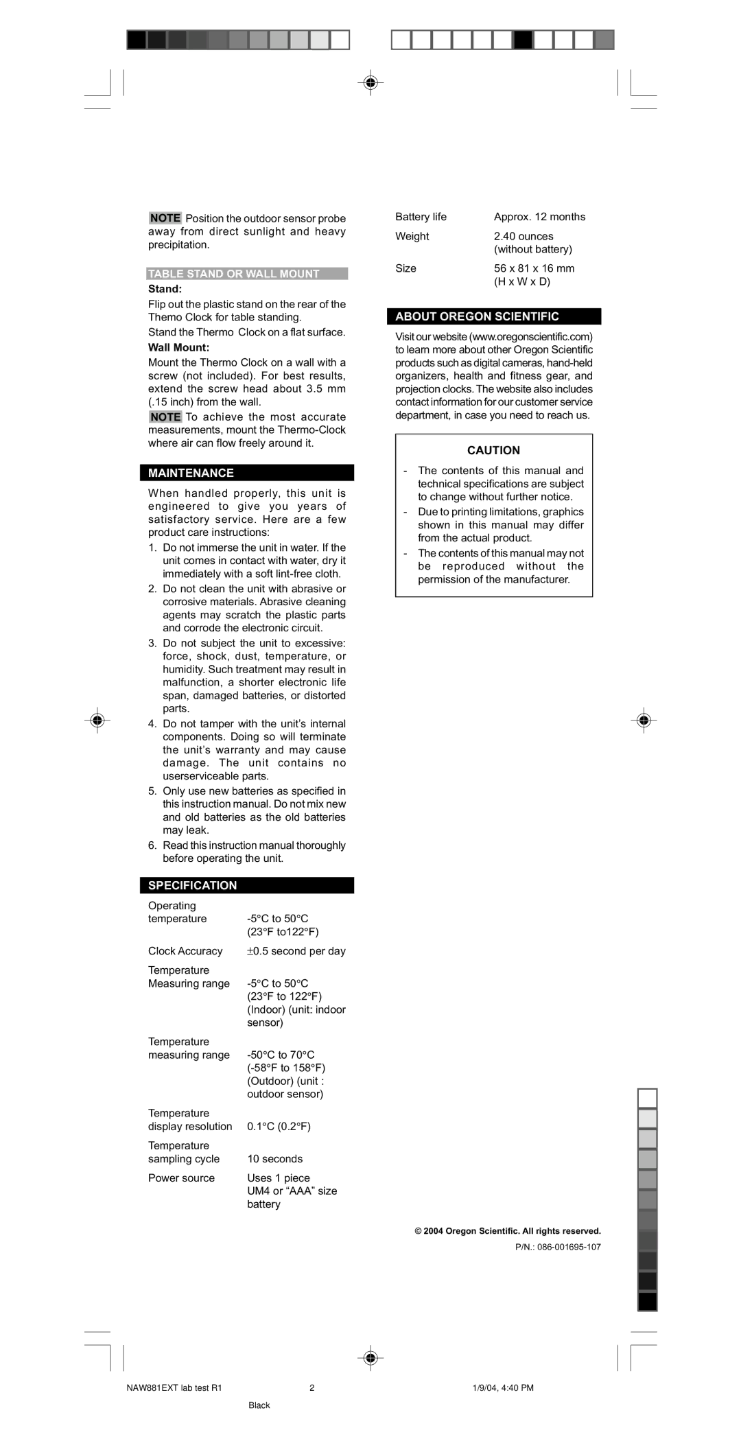 Oregon Scientific NAW881EXT Maintenance, Specification, About Oregon Scientific, Table Stand or Wall Mount 