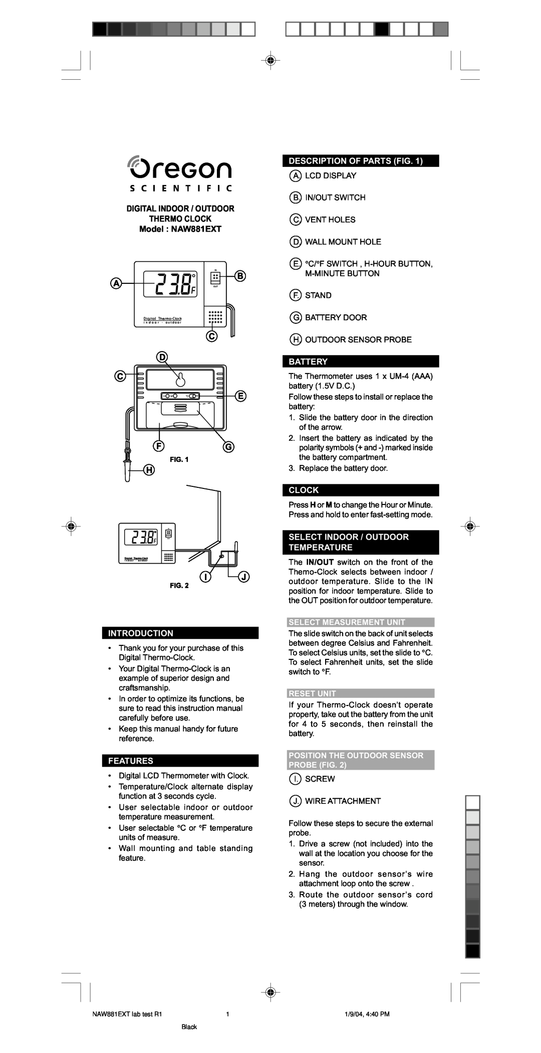 Oregon Scientific NAW881EXT instruction manual Introduction, Features, Description Of Parts Fig, Battery, Clock 