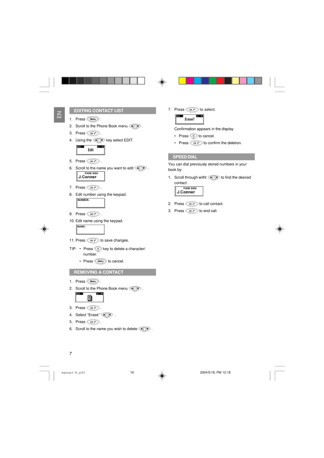 Oregon Scientific OS200 user manual Editing Contact List, Removing a Contact, Speed Dial 