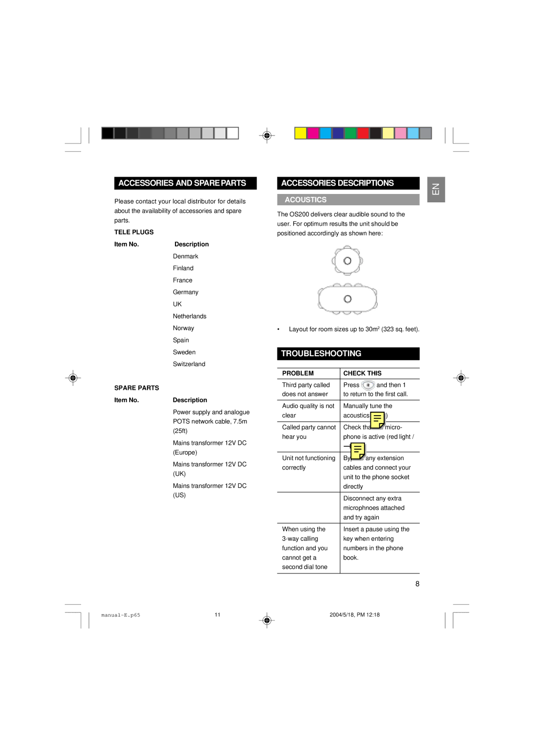 Oregon Scientific OS200 user manual Accessories and Spareparts, Accessories Descriptions, Troubleshooting, Acoustics 