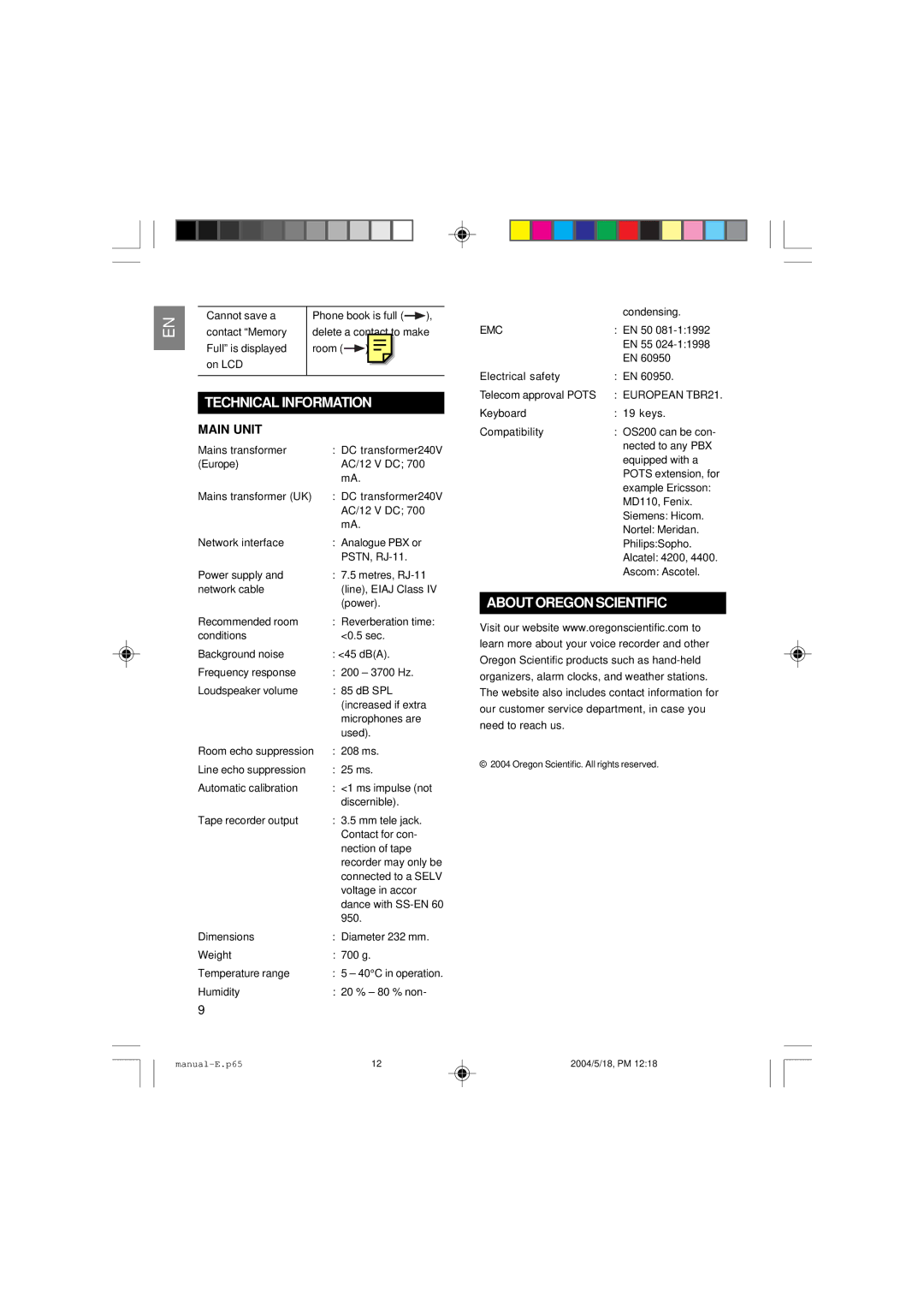 Oregon Scientific OS200 user manual Technicalinformation, About Oregon Scientific 