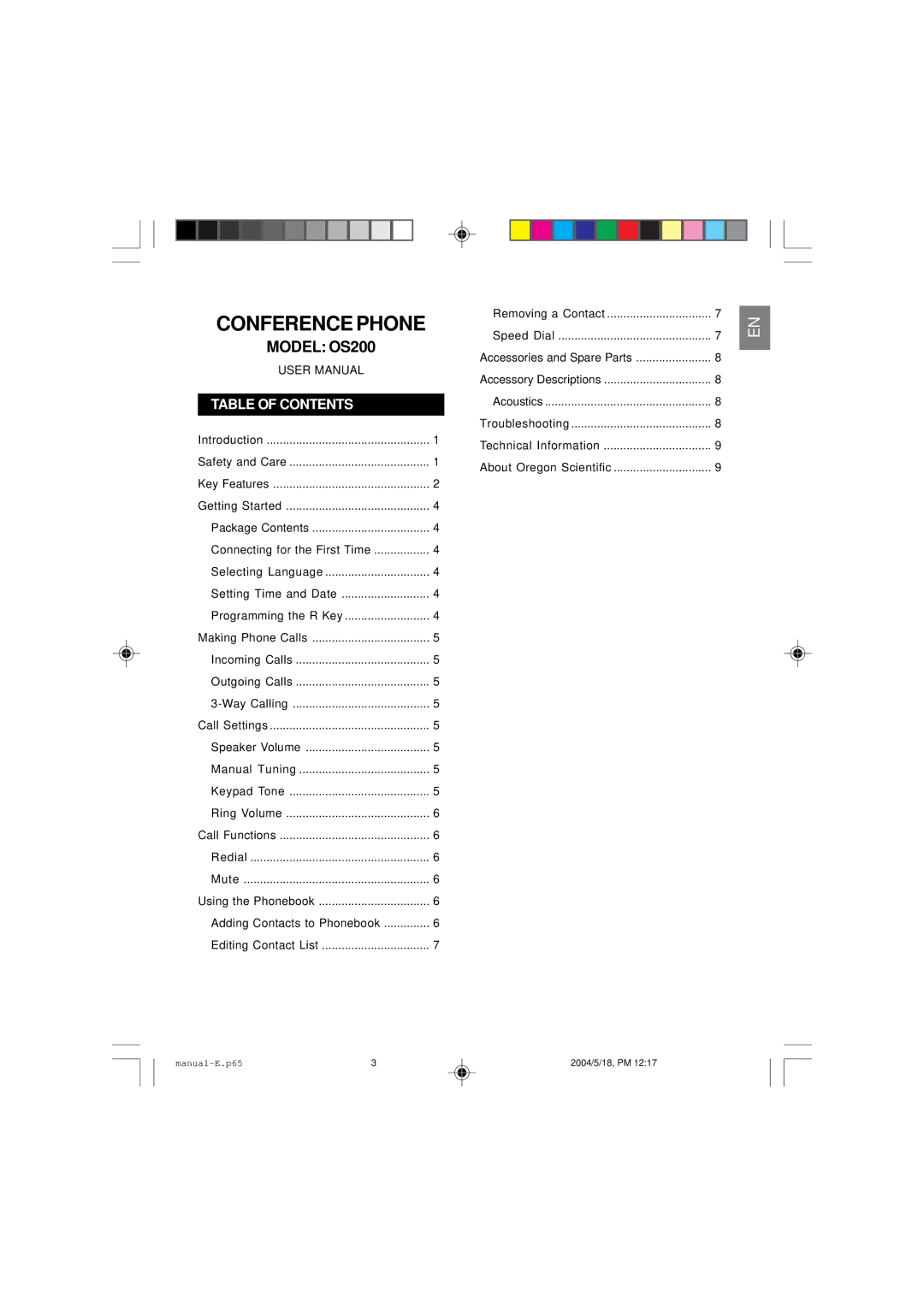 Oregon Scientific OS200 user manual Conference Phone, Table of Contents 