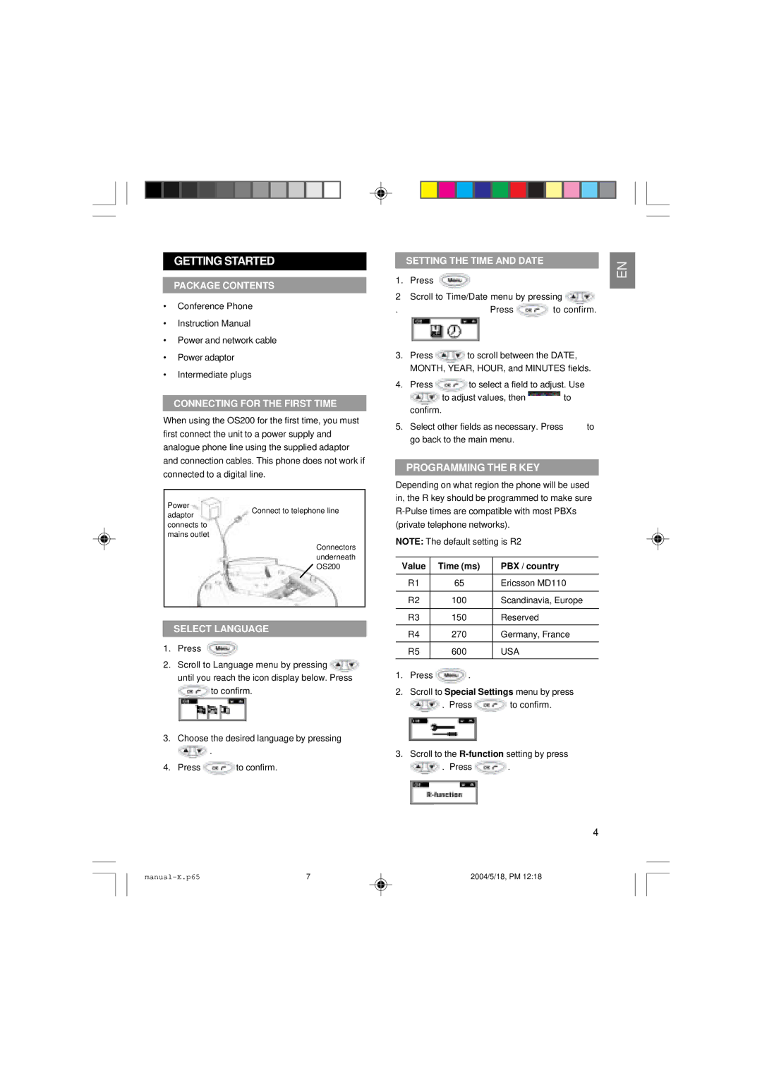 Oregon Scientific OS200 user manual Gettingstarted, Programming the R KEY 