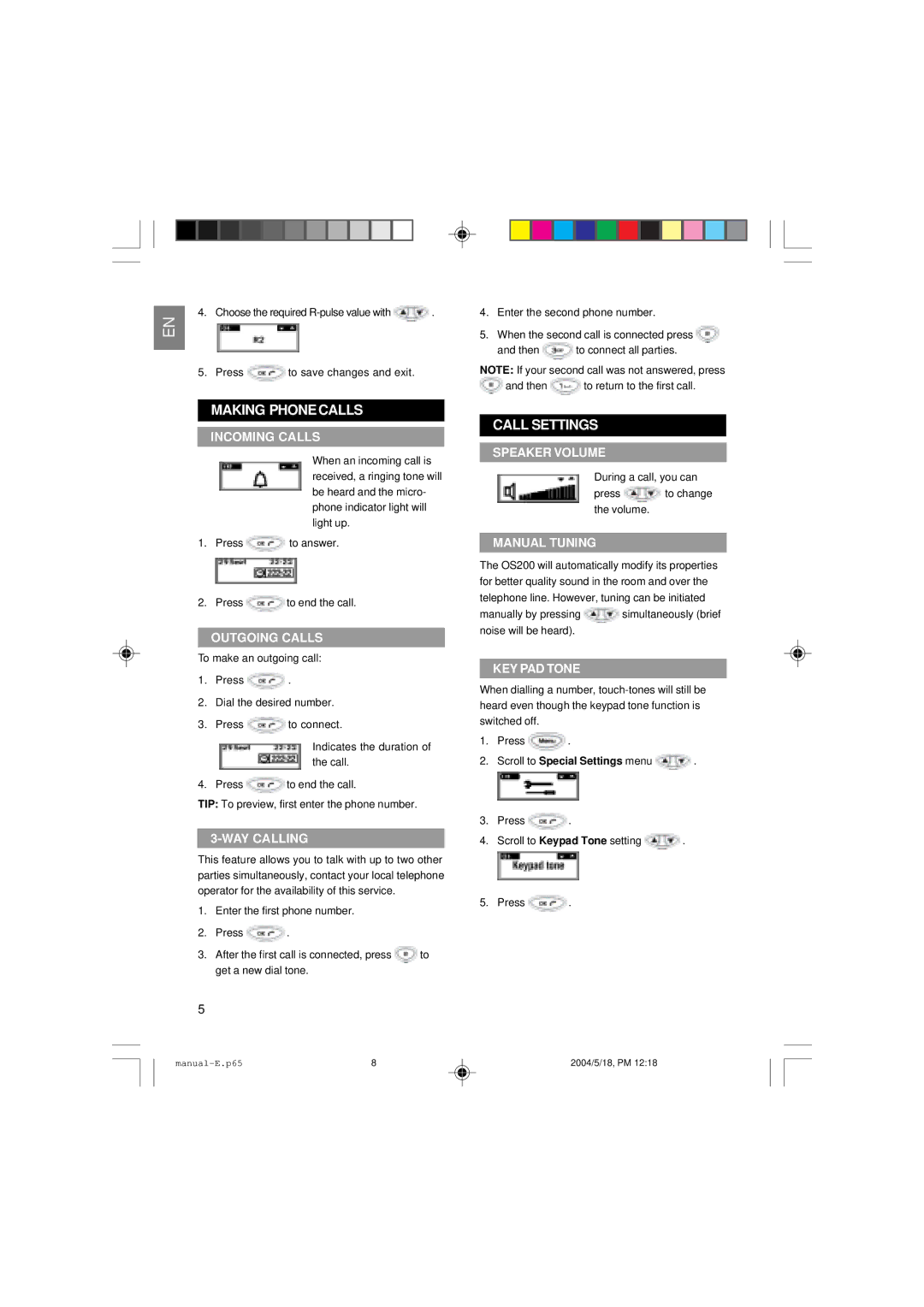 Oregon Scientific OS200 user manual Making Phonecalls, Call Settings 