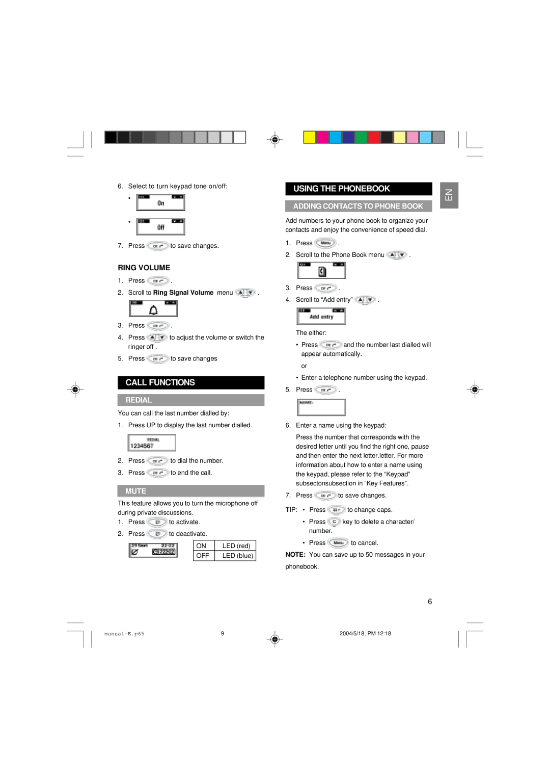 Oregon Scientific OS200 user manual Call Functions, Using the Phonebook, Redial, Mute, Adding Contacts to Phone Book 