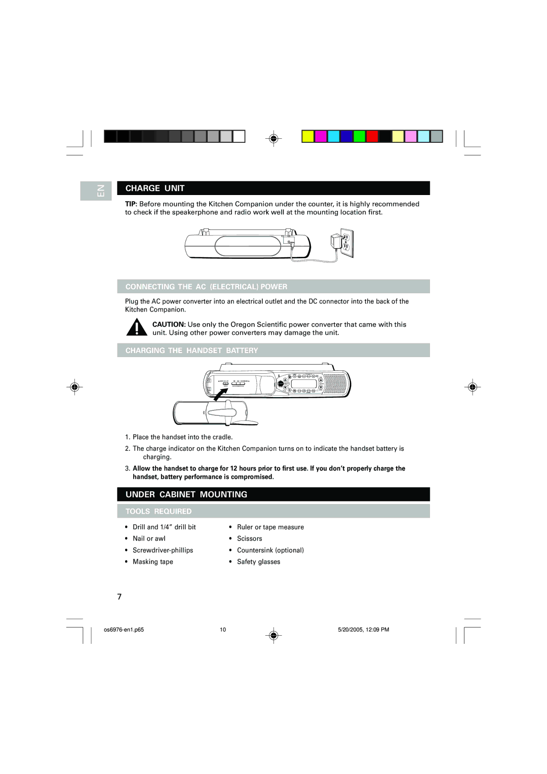 Oregon Scientific OS6976 user manual Charge Unit, Under Cabinet Mounting, Charging the Handset Battery, Tools Required 