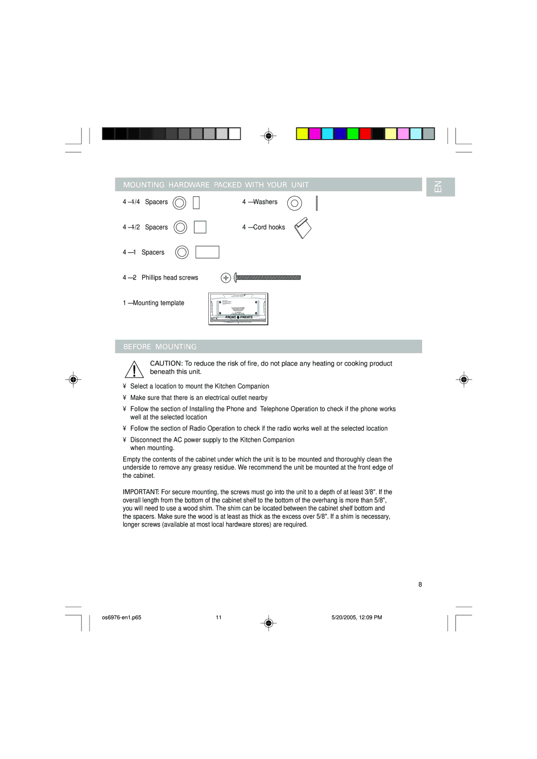 Oregon Scientific OS6976 user manual Mounting Hardware Packed with Your Unit, Before Mounting, Spacers Washers 