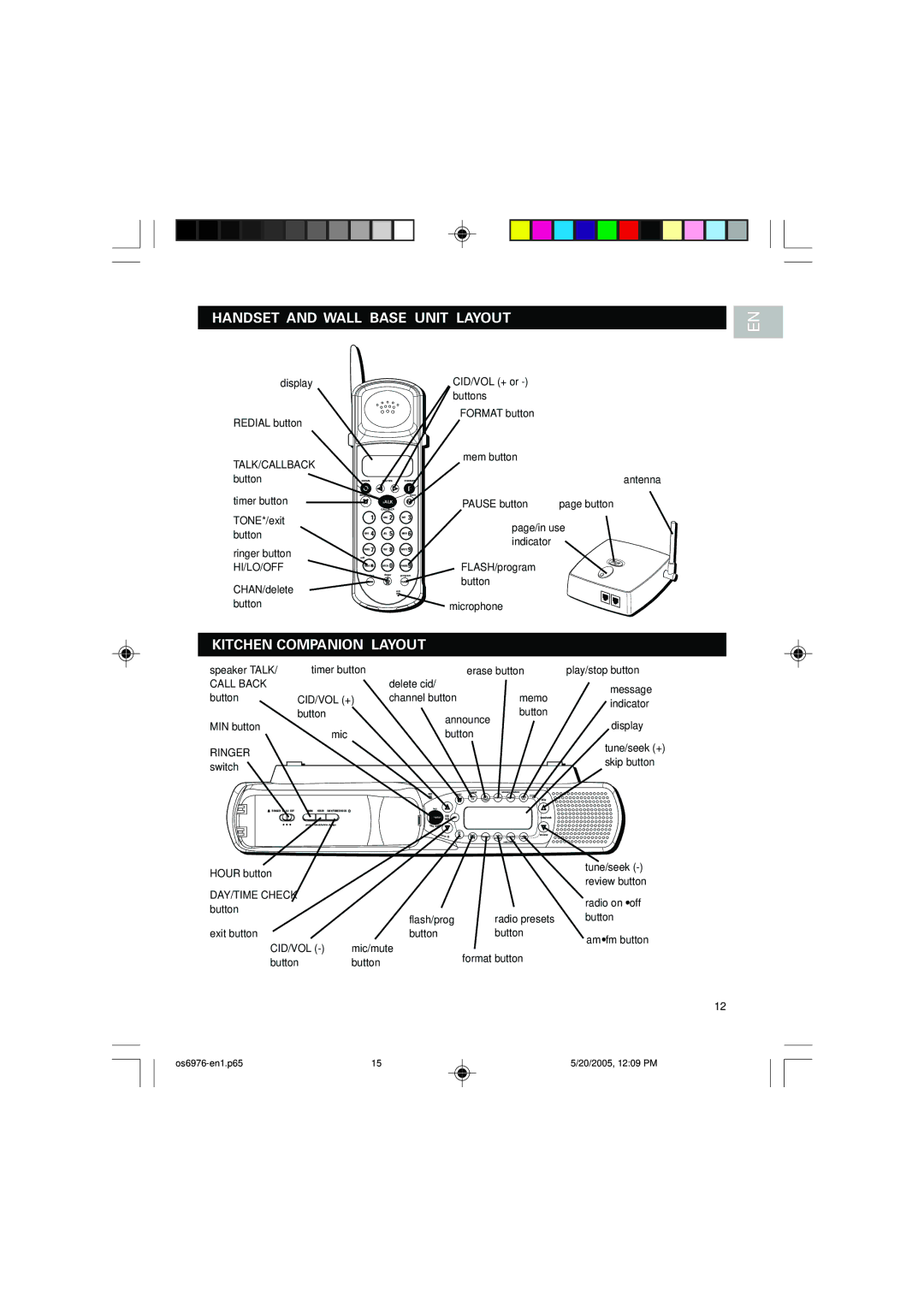 Oregon Scientific OS6976 user manual Handset and Wall Base Unit Layout, Kitchen Companion Layout 