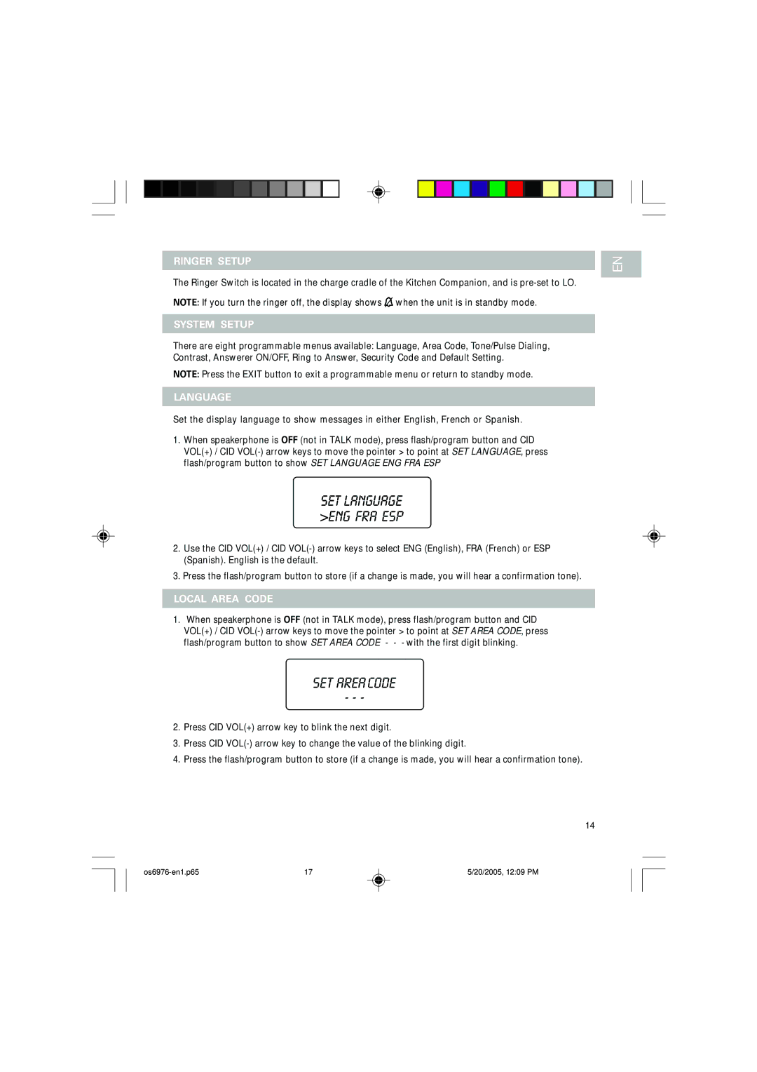 Oregon Scientific OS6976 user manual Ringer Setup, System Setup, Language, Local Area Code 