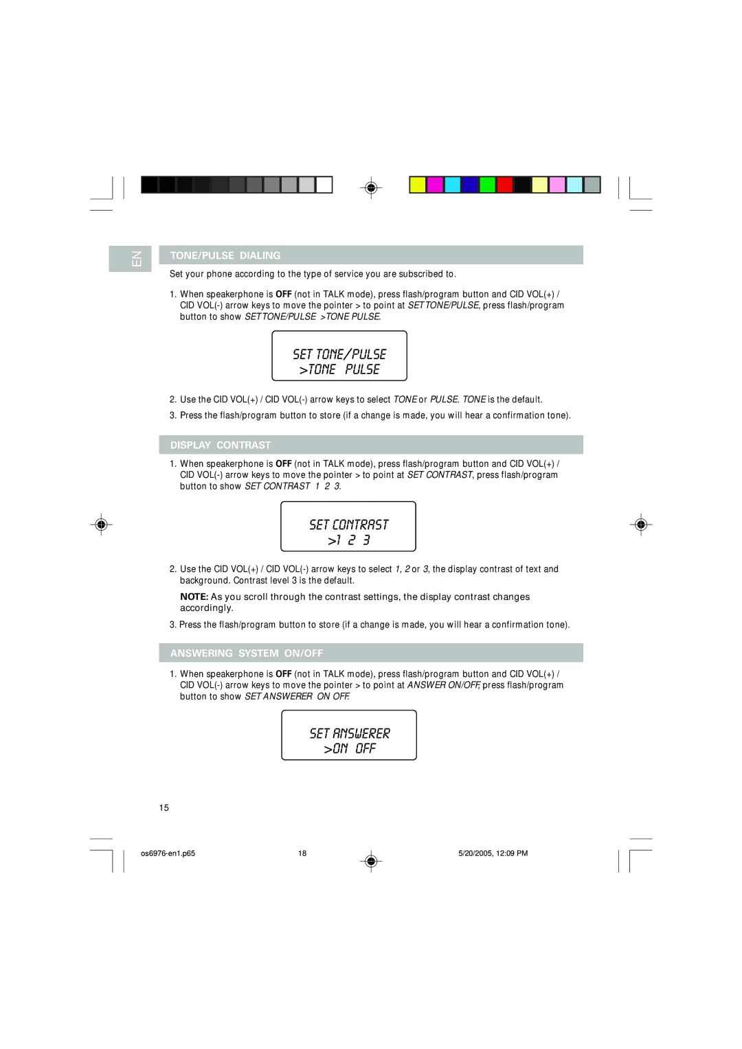 Oregon Scientific OS6976 user manual TONE/PULSE Dialing, Display Contrast, Answering System ON/OFF 