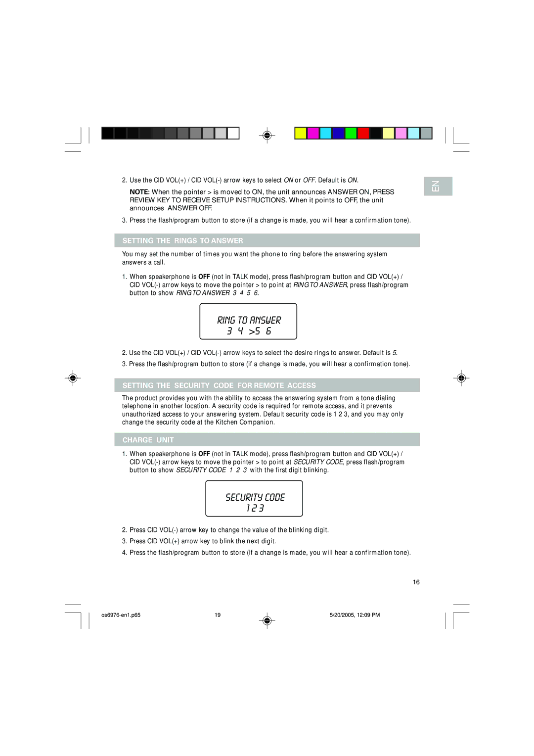 Oregon Scientific OS6976 user manual Setting the Rings to Answer, Setting the Security Code for Remote Access, Charge Unit 