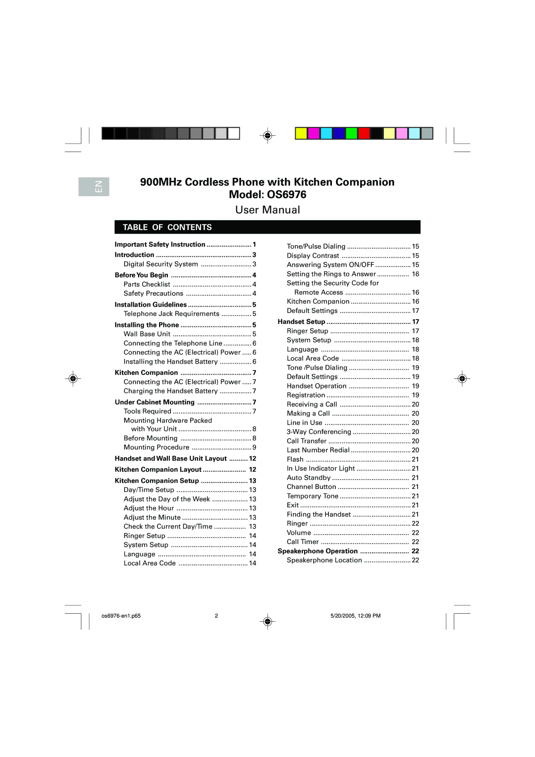 Oregon Scientific user manual 900MHz Cordless Phone with Kitchen Companion Model OS6976, Table of Contents 