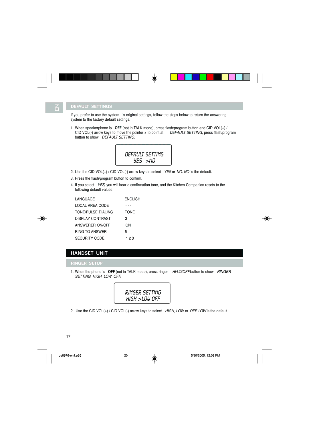 Oregon Scientific OS6976 user manual Handset Unit, Default Settings 