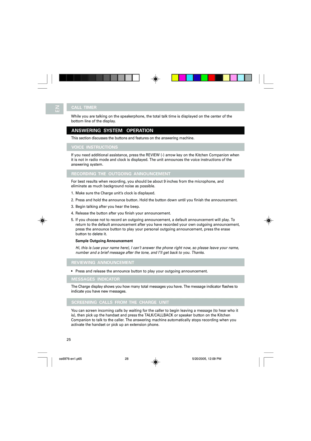 Oregon Scientific OS6976 user manual Answering System Operation 