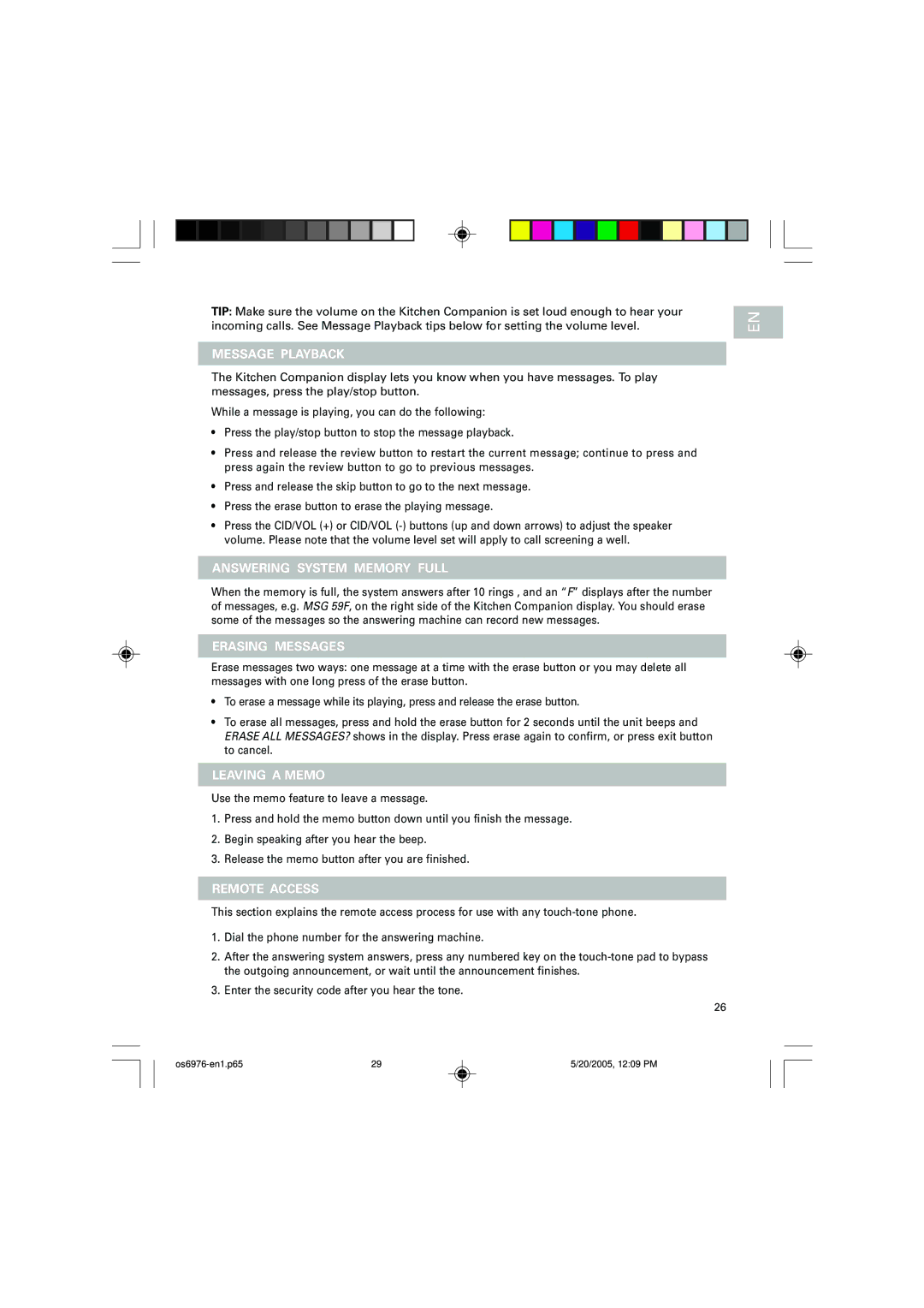 Oregon Scientific OS6976 Message Playback, Answering System Memory Full, Erasing Messages, Leaving a Memo, Remote Access 