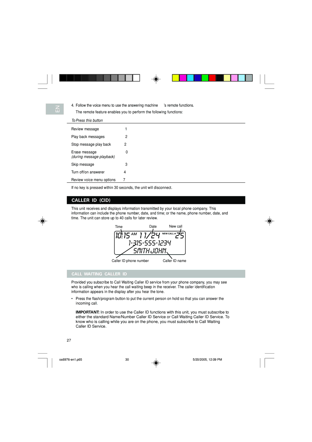 Oregon Scientific OS6976 user manual Caller ID CID, Call Waiting Caller ID 