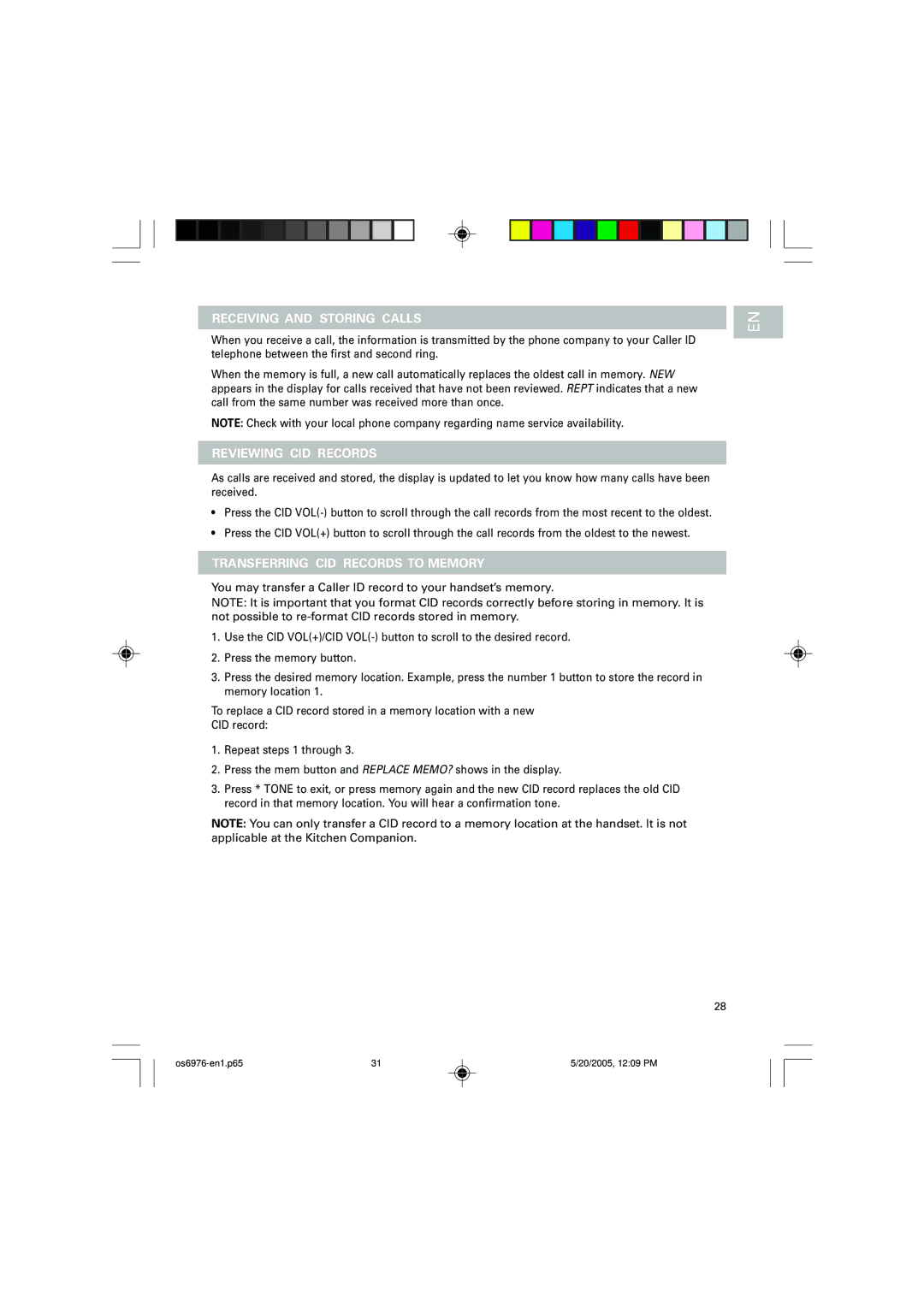 Oregon Scientific OS6976 user manual Receiving and Storing Calls, Reviewing CID Records, Transferring CID Records to Memory 