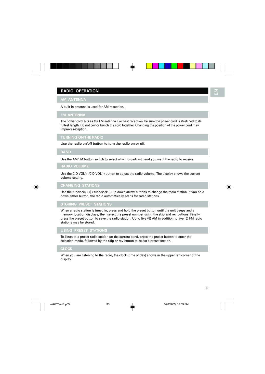 Oregon Scientific OS6976 user manual Radio Operation 