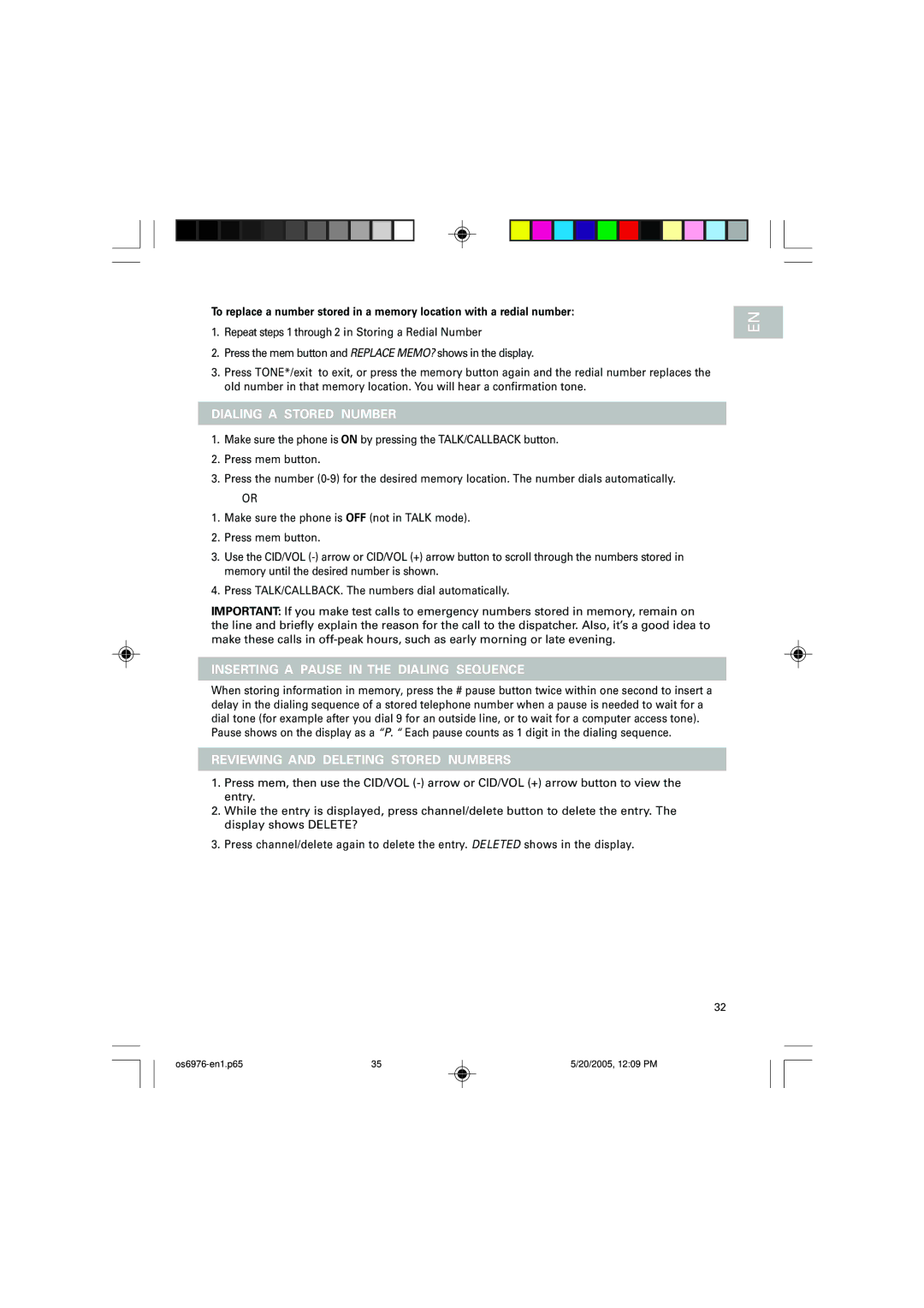 Oregon Scientific OS6976 user manual Dialing a Stored Number, Inserting a Pause in the Dialing Sequence 