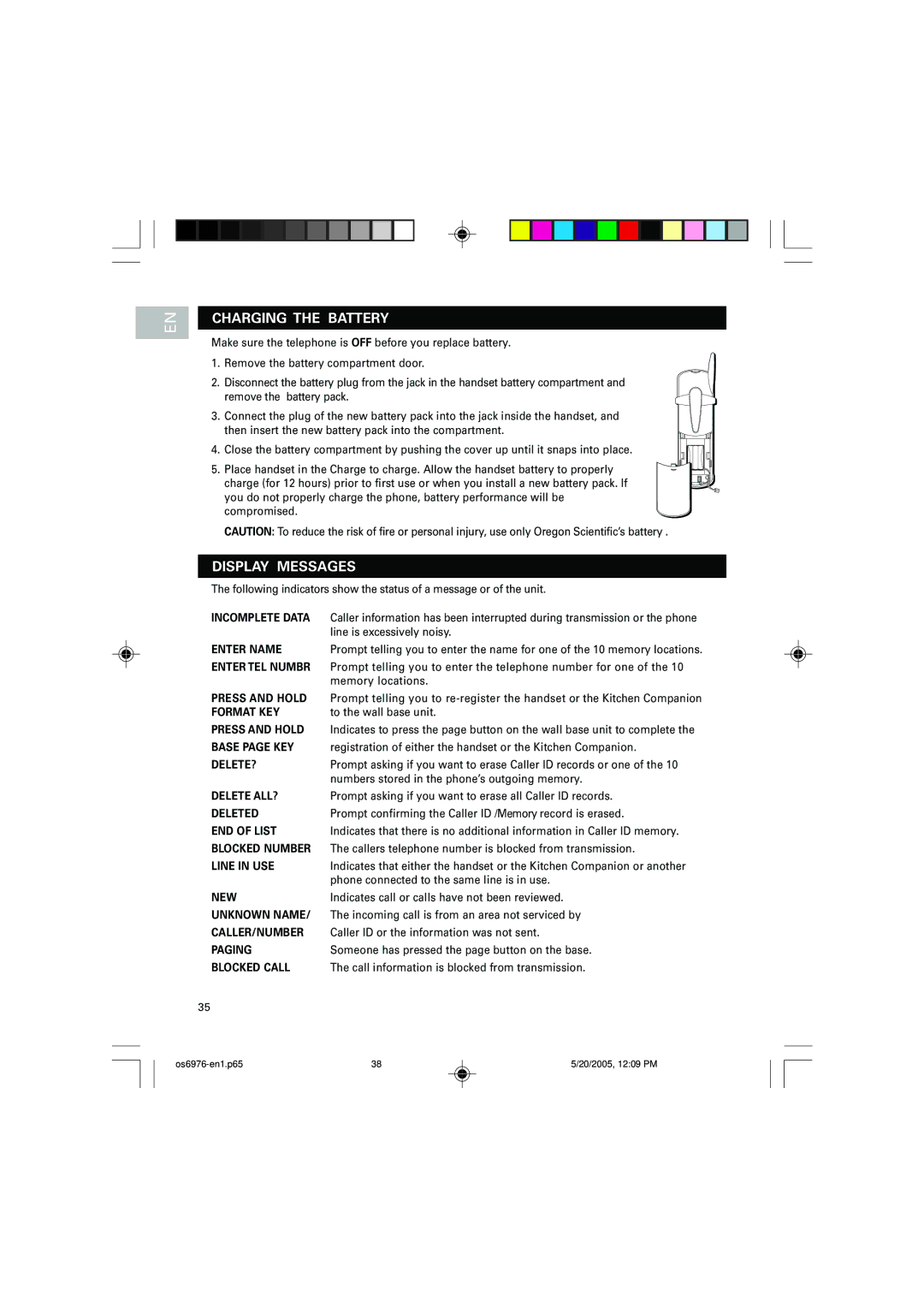 Oregon Scientific OS6976 user manual Charging the Battery, Display Messages 