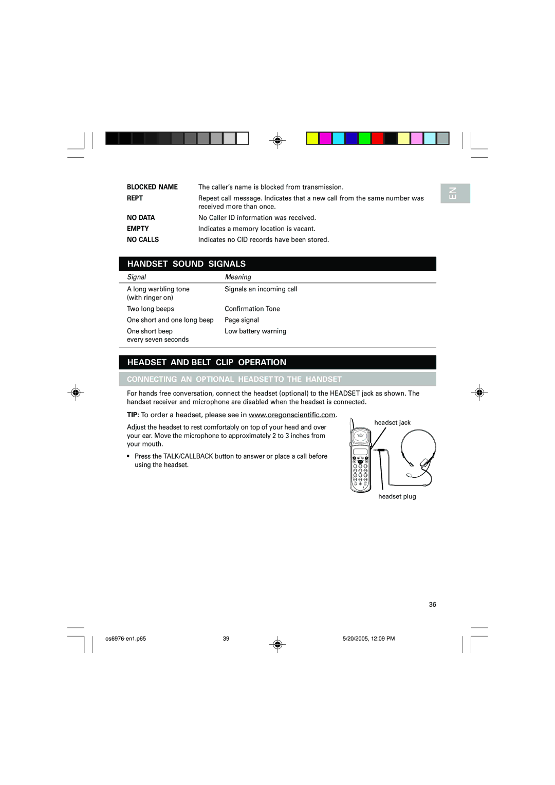 Oregon Scientific OS6976 user manual Handset Sound Signals, Headset and Belt Clip Operation 