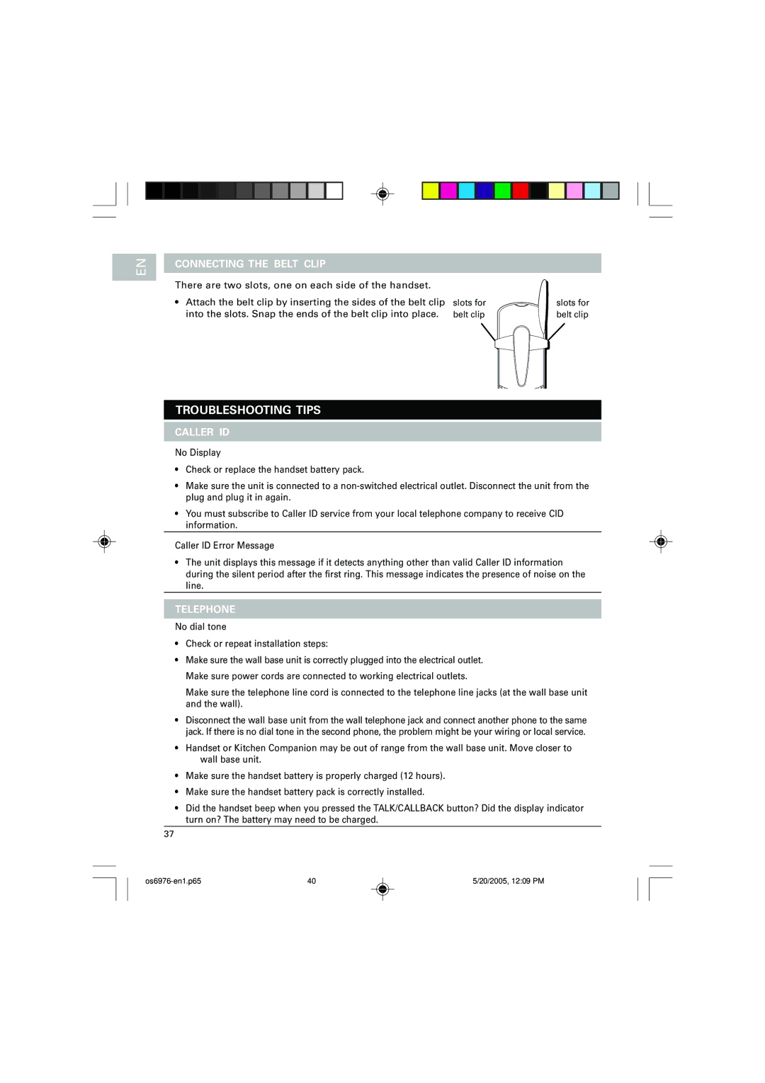 Oregon Scientific OS6976 user manual Troubleshooting Tips, Connecting the Belt Clip, Caller ID, Telephone 