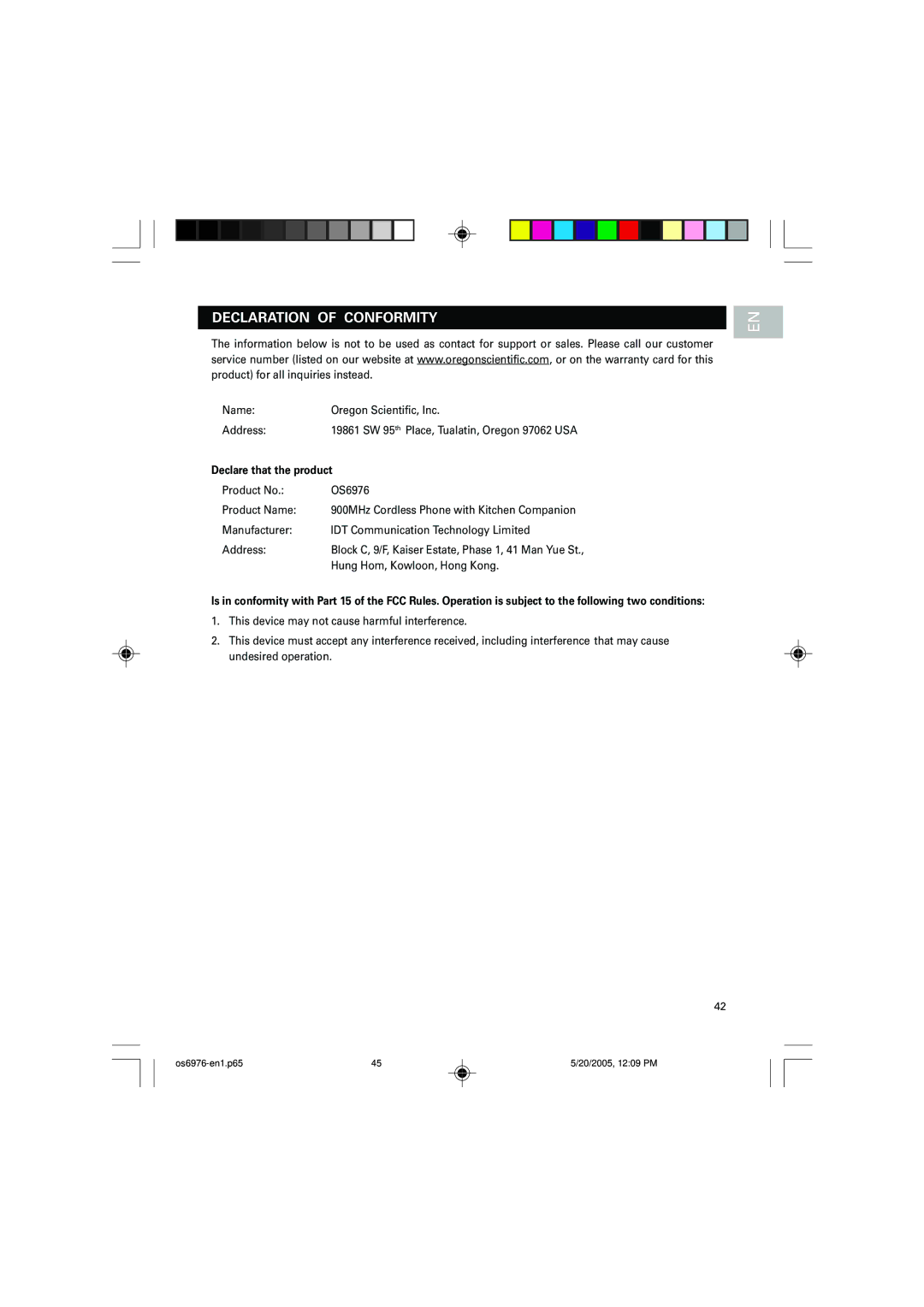 Oregon Scientific OS6976 user manual Declaration of Conformity, Declare that the product 