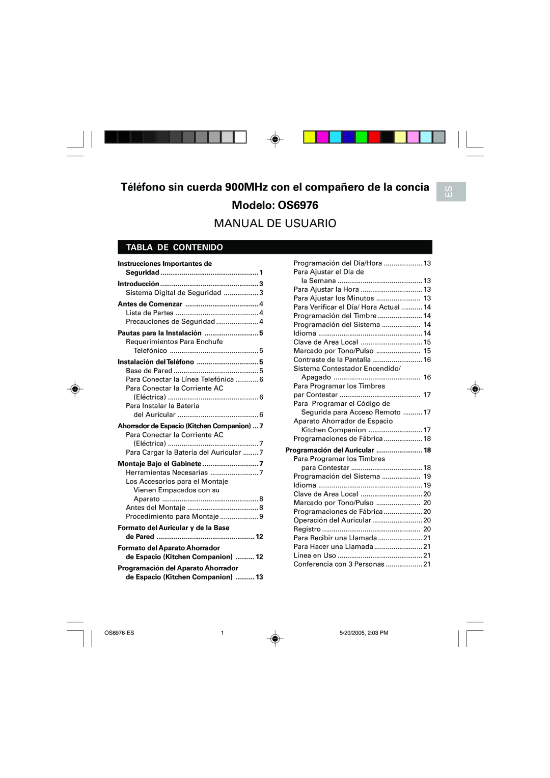 Oregon Scientific OS6976 user manual Tabla DE Contenido, Instrucciones Importantes de, Formato del Auricular y de la Base 