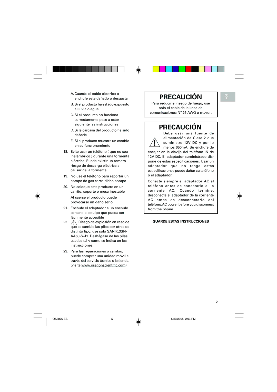 Oregon Scientific OS6976 user manual Precaución 