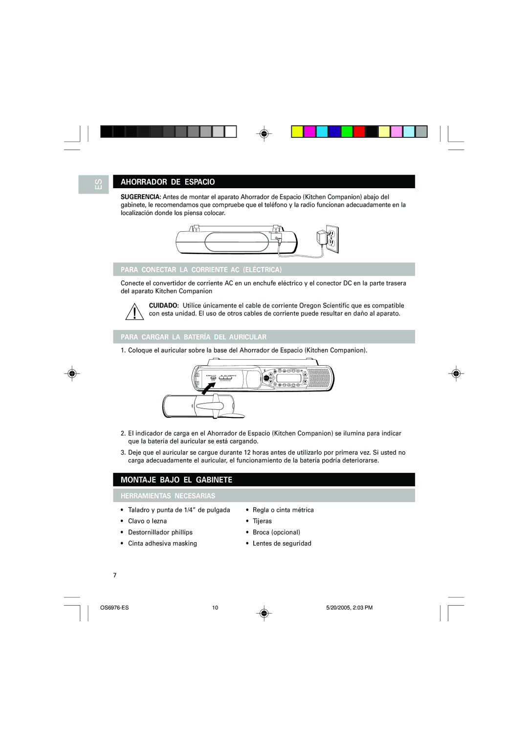 Oregon Scientific OS6976 user manual Ahorrador DE Espacio, Montaje Bajo EL Gabinete, Para Cargar LA Batería DEL Auricular 