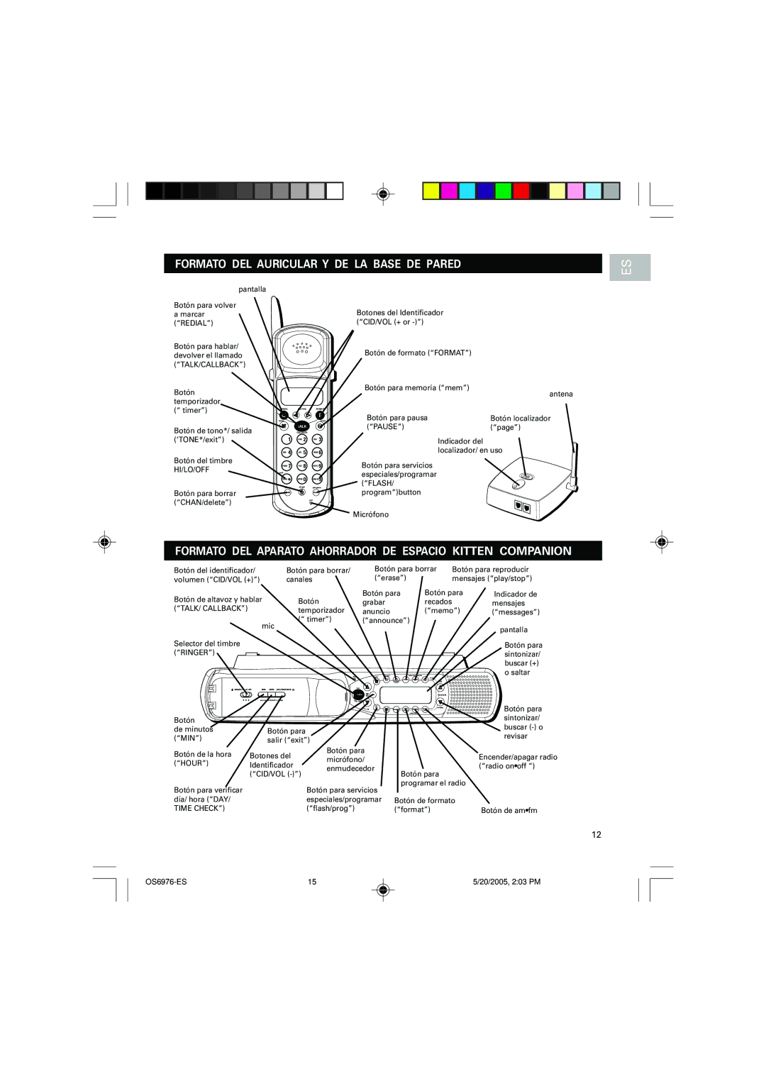 Oregon Scientific OS6976 user manual Formato DEL Auricular Y DE LA Base DE Pared 