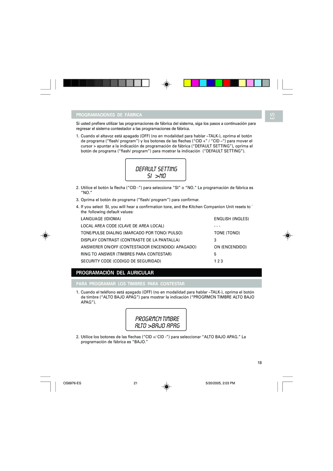 Oregon Scientific OS6976 user manual Programación DEL Auricular, Programaciones DE Fábrica 