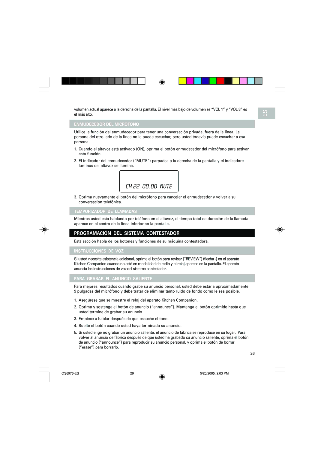 Oregon Scientific OS6976 user manual Programación DEL Sistema Contestador, Enmudecedor DEL Micrófono, Instrucciones DE VOZ 