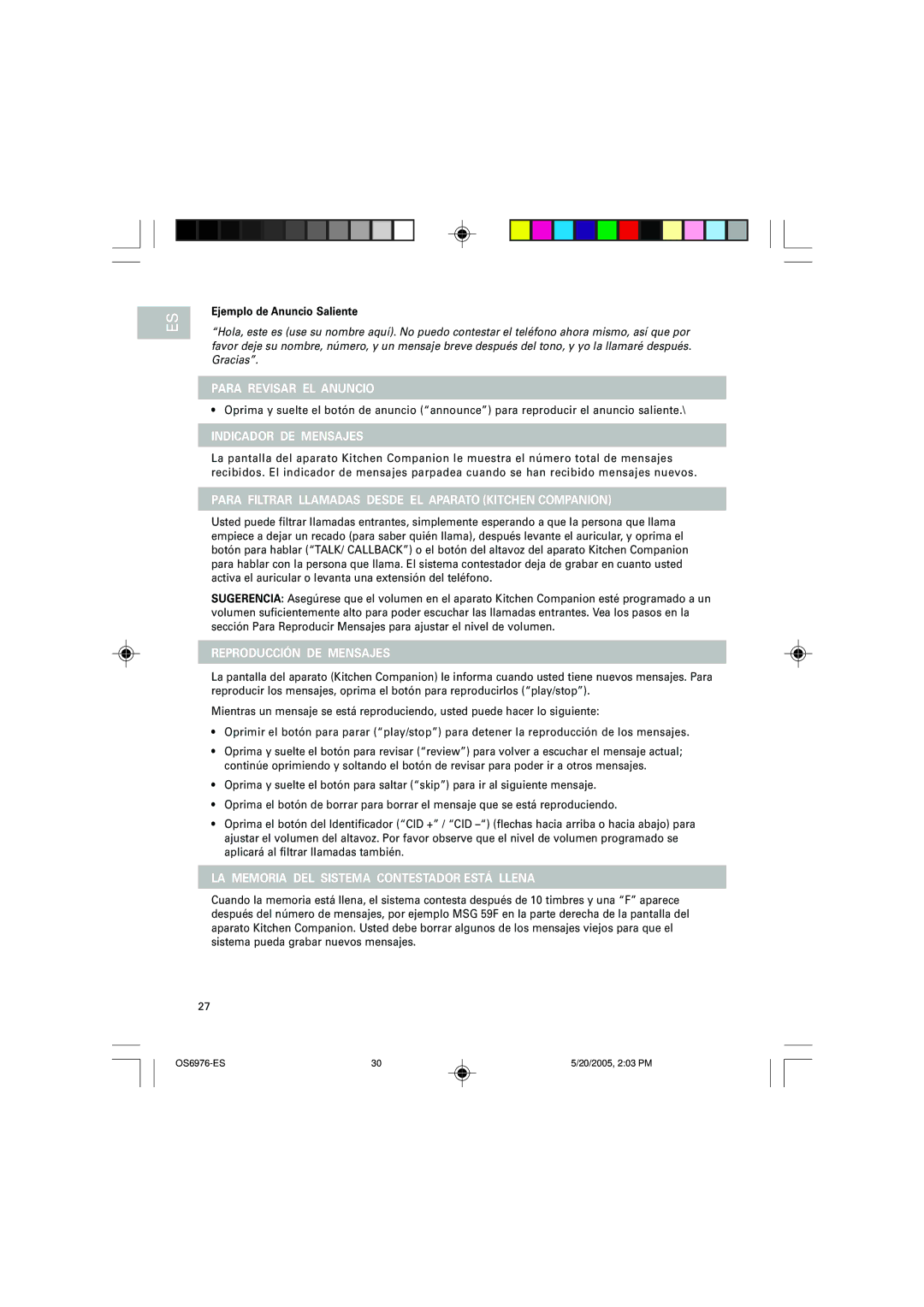 Oregon Scientific OS6976 user manual Para Revisar EL Anuncio, Indicador DE Mensajes, Reproducción DE Mensajes 