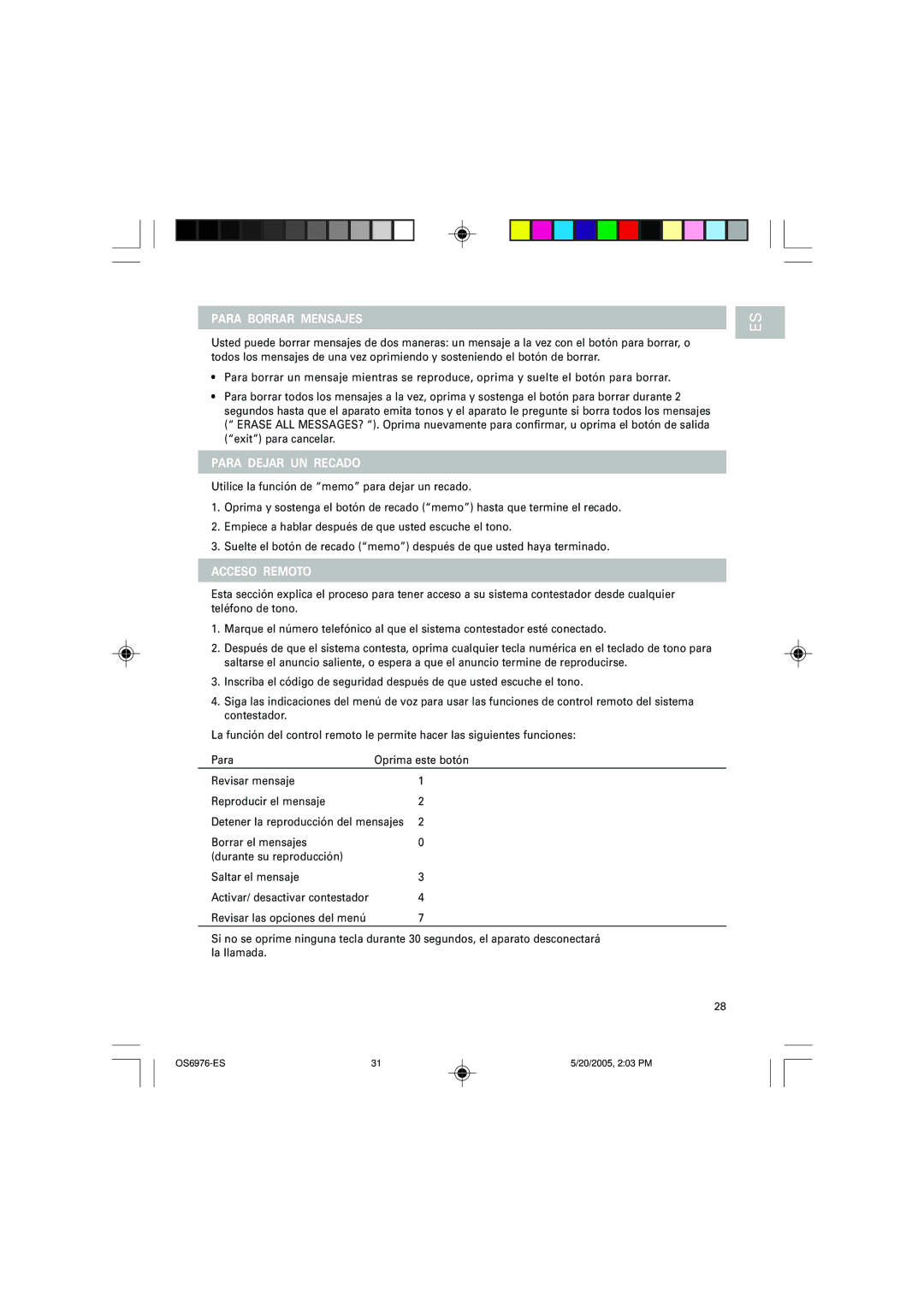 Oregon Scientific OS6976 user manual Para Borrar Mensajes, Para Dejar UN Recado, Acceso Remoto 