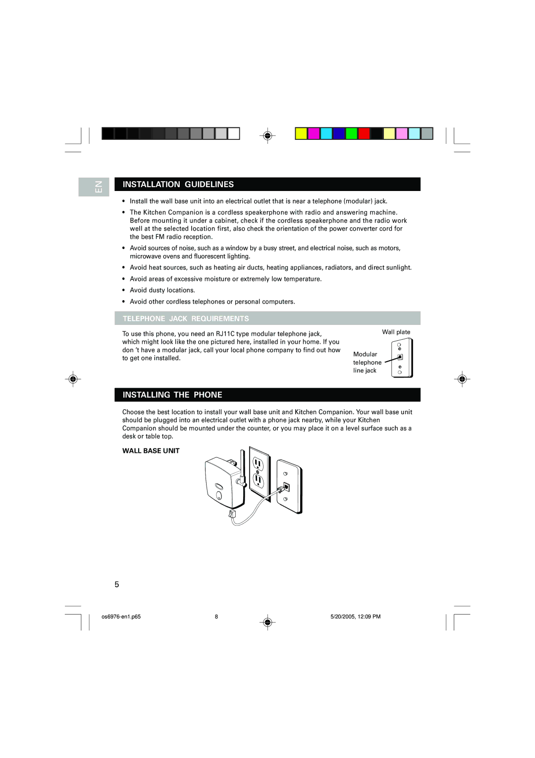 Oregon Scientific OS6976 user manual Installation Guidelines, Installing the Phone, Telephone Jack Requirements 