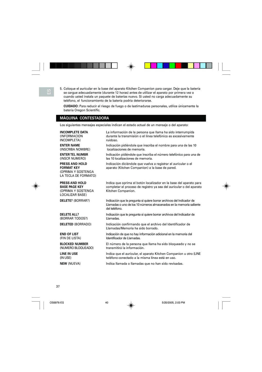 Oregon Scientific OS6976 user manual Máquina Contestadora 