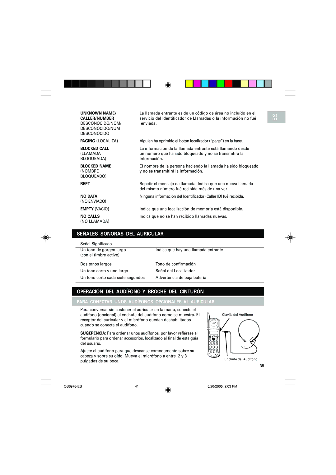 Oregon Scientific OS6976 user manual Señales Sonoras DEL Auricular, Operación DEL Audífono Y Broche DEL Cinturón 