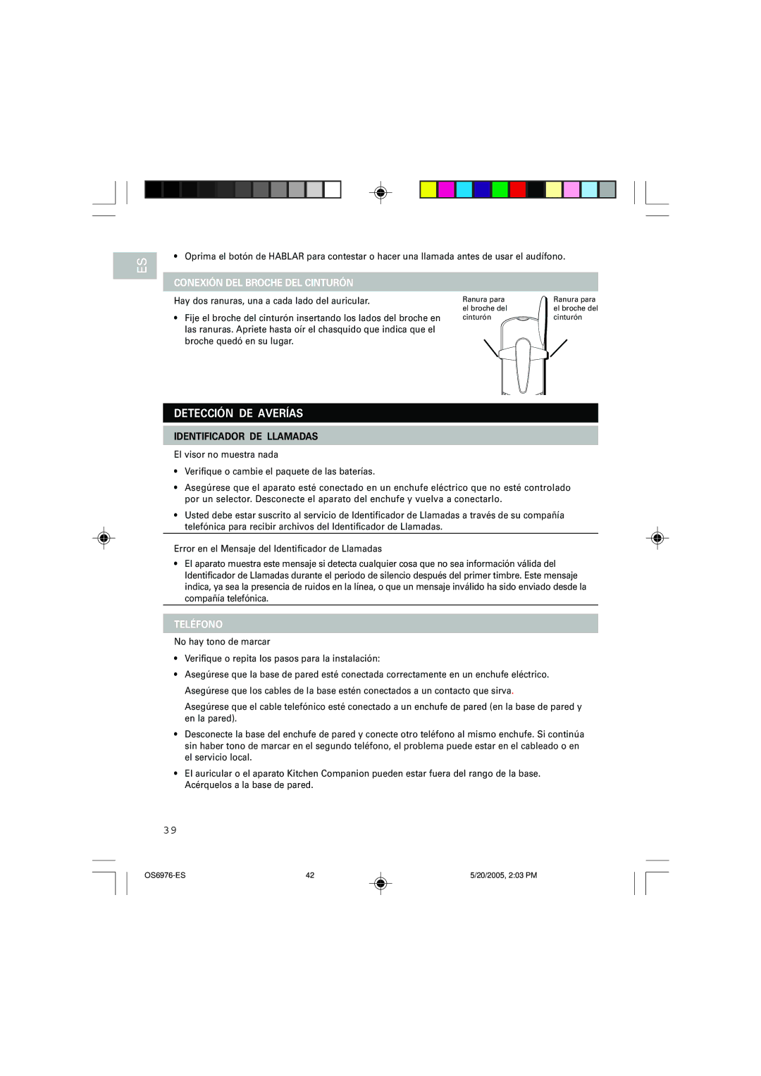 Oregon Scientific OS6976 user manual Detección DE Averías, Conexión DEL Broche DEL Cinturón, Teléfono 