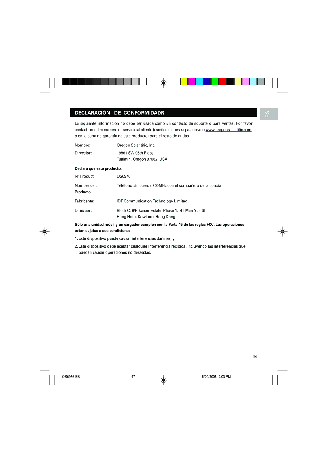 Oregon Scientific user manual Declaración DE Conformidadr, Declara que este producto, Nº Product OS6976 Nombre del 