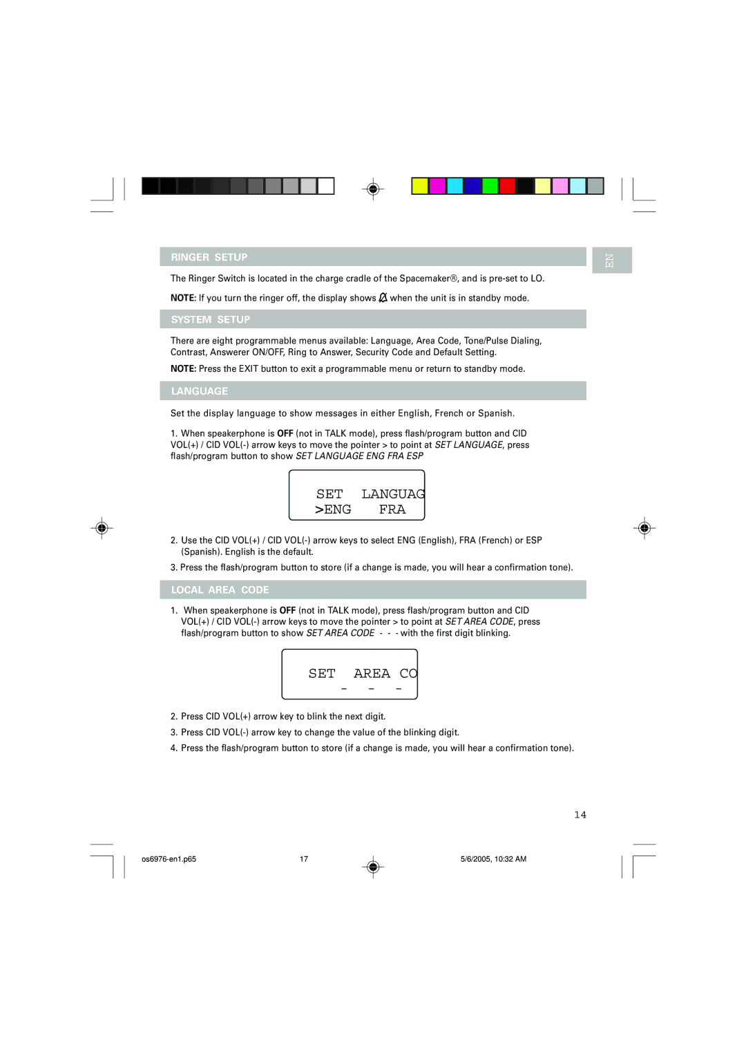 Oregon Scientific OS6976 user manual Ringer Setup, System Setup, Language, Local Area Code 