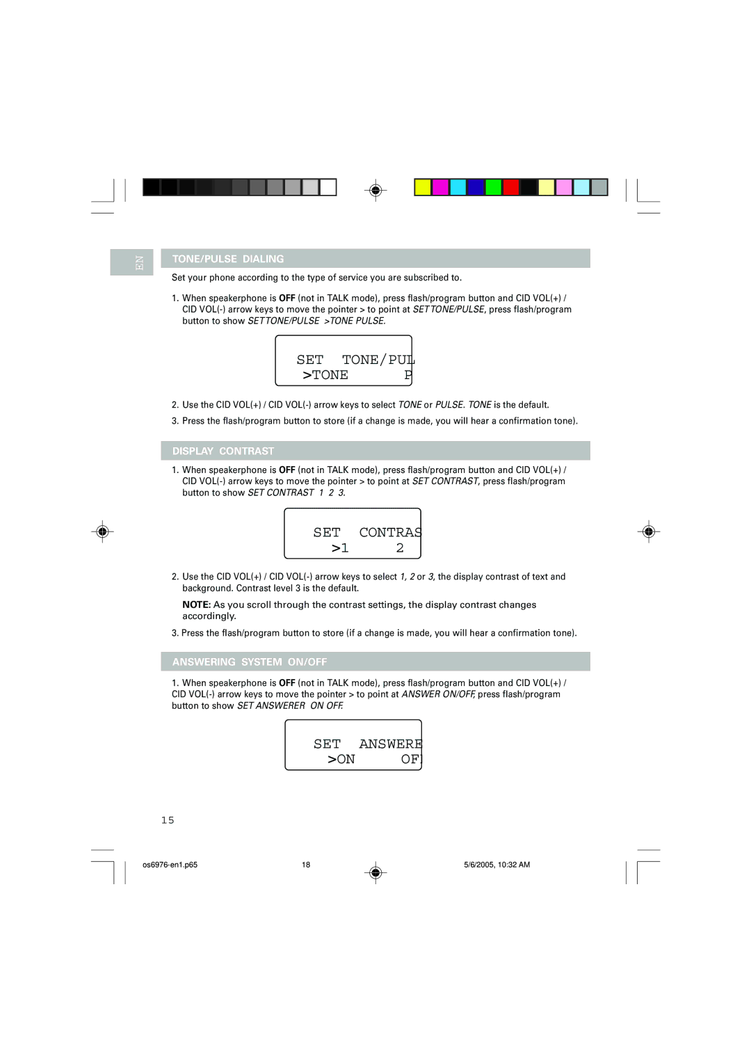 Oregon Scientific OS6976 user manual TONE/PULSE Dialing, Display Contrast, Answering System ON/OFF 