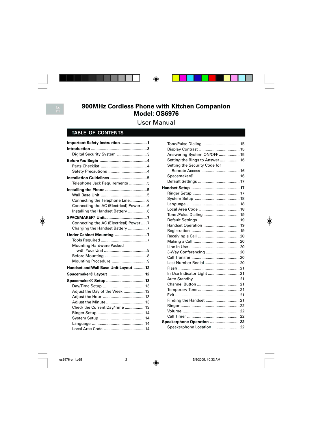 Oregon Scientific user manual 900MHz Cordless Phone with Kitchen Companion Model OS6976, Table of Contents 