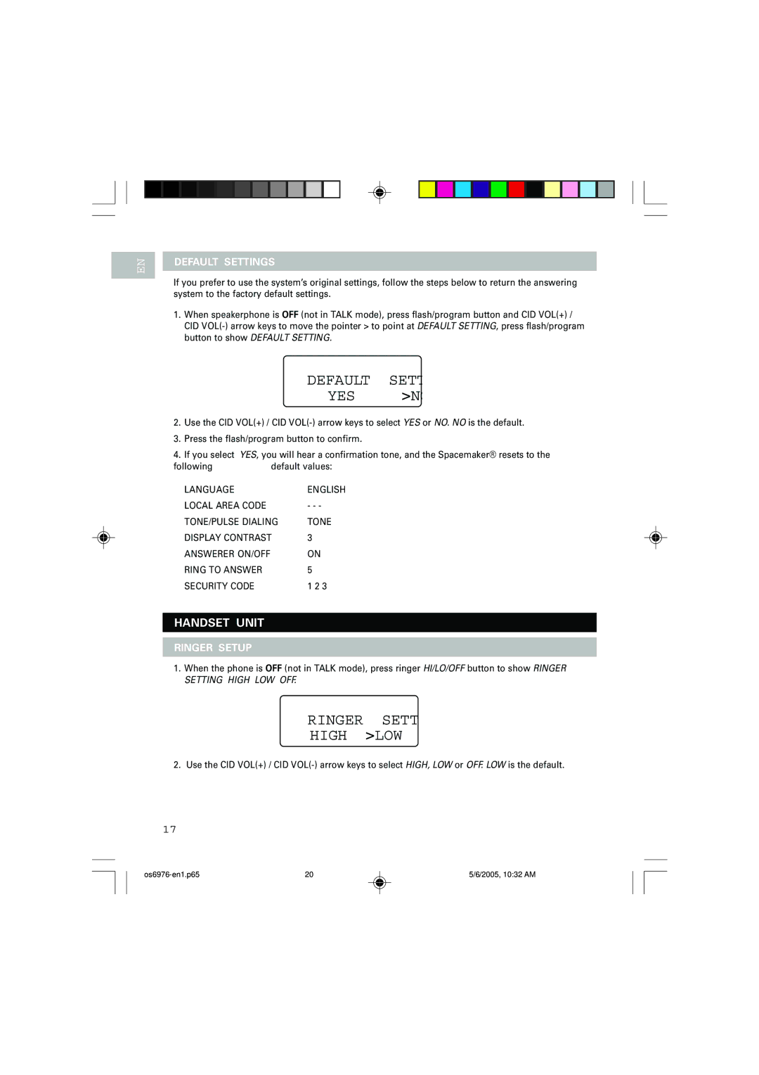 Oregon Scientific OS6976 user manual Handset Unit, Default Settings 