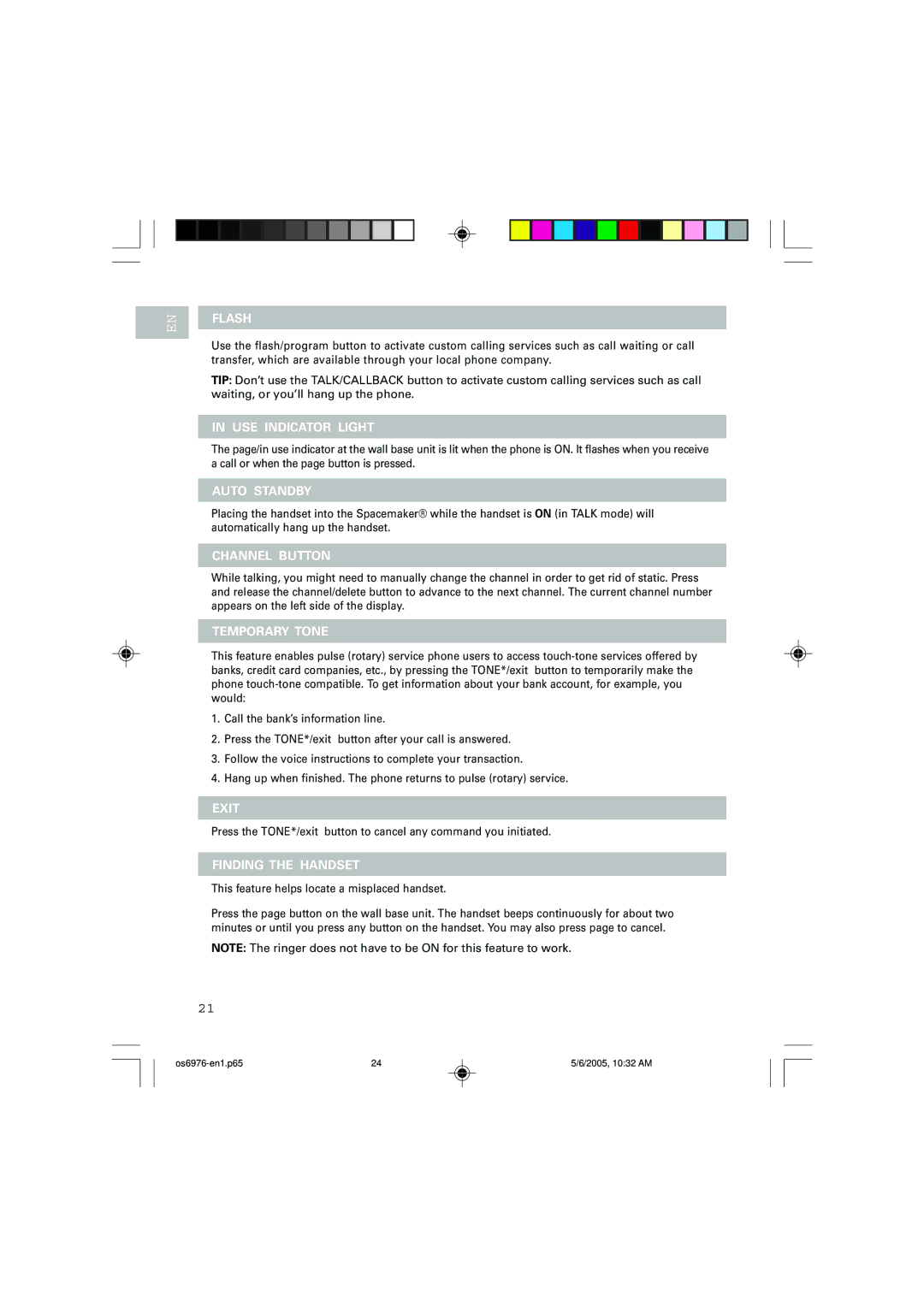 Oregon Scientific OS6976 user manual Flash, USE Indicator Light, Auto Standby, Channel Button, Temporary Tone, Exit 