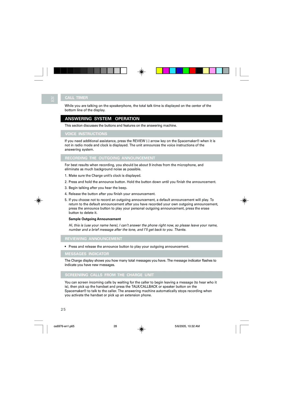 Oregon Scientific OS6976 user manual Answering System Operation 